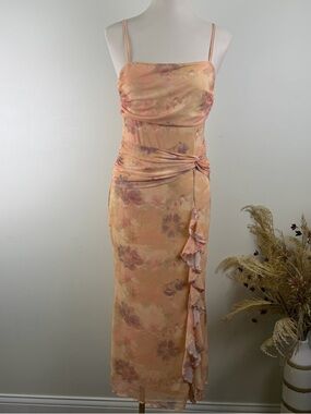 Pink Floral Twist-Front Spaghetti Strap Midi Dress Size Large